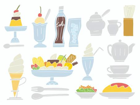 レトロな喫茶店イメージのイラストセット レトロ,喫茶店,プリン,デザート,アイス,コーヒー,紅茶,フロート,ジュース,コーラのイラスト素材