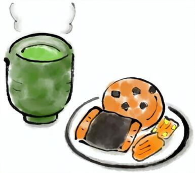 Illustration, green tea , rice cracker, brush painting, 