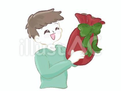 プレゼントをもらって喜ぶ男の子(手描き)