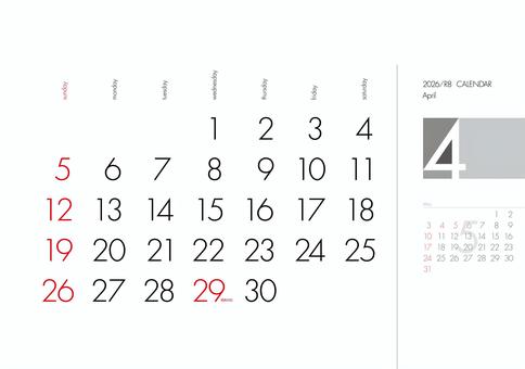2026年カレンダー　4月　令和8年 2026年カレンダー,カレンダー,2026,令和8年,4月,シンプル,きれい,グレー,白黒,素材のイラスト素材