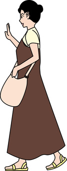 　若い女性手振る　 歩く,若い,女性,手,振る,挨拶,ワンピース,サンダル,シンプル,横向きのイラスト素材