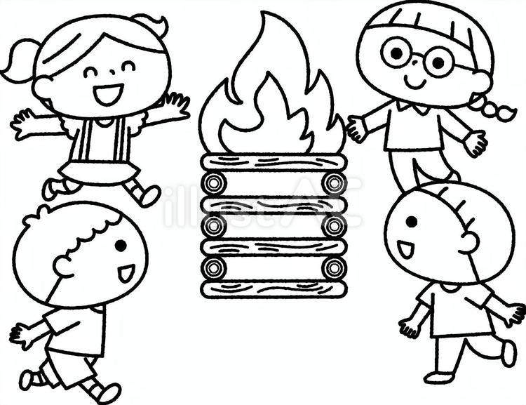キャンプファイヤーに集まる子供たち白黒 人物,子供,キャンプファイヤーのイラスト素材