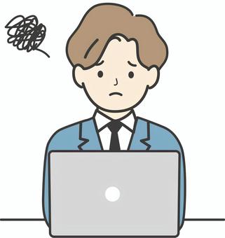 PCで作業中の困る男性A　カラー 悩む,困る,困った,pc,人物,不安,心配,ストレス,迷う,長袖のイラスト素材