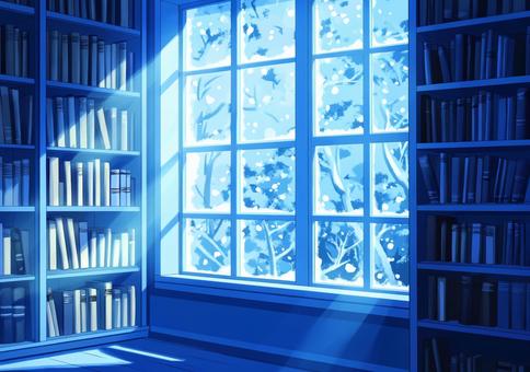 深夜の図書室 本棚と窓辺1