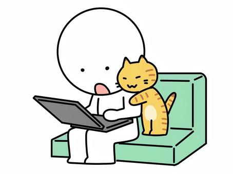 猫と一緒にノートパソコンを見る棒人間 ノートパソコン,棒人間,ネコ,見る,覗く,猫,ソファ,椅子,モバイル,操作のイラスト素材