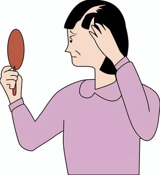 薄毛　　 薄毛,分け目,髪,悩み,女性,中年,横向き,鏡,見る,生活のイラスト素材