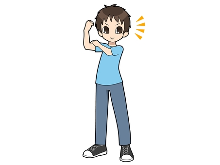 ガッツポーズをする男性 男性,水色,tシャツ,ガッツ,立ち絵,全身のイラスト素材