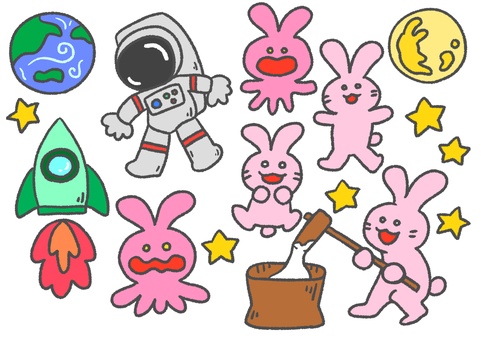 お月見うさぎ お月見,宇宙飛行士,宇宙人,手描き,かわいい,もちつき,宇宙のイラスト素材