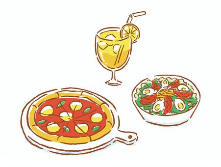 ピザセット ピザ,サラダ,ドリンク,レモン,料理,メニュー,レストラン,グラス,チーズ,トマトのイラスト素材
