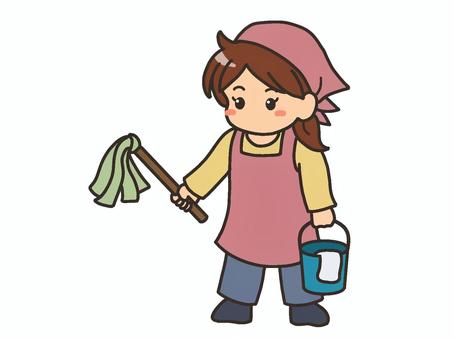 バケツとはたきを持つ女性 掃除,大掃除,バケツ,雑巾,はたき,女性,ママ,主婦,年末,三角巾のイラスト素材
