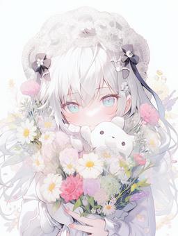 Illustration, girl, tiny, bouquet, 