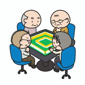 麻雀を楽しむおじいちゃんたち（四麻） 麻雀,四人麻雀,四麻,4人,麻雀卓,卓,自動麻雀卓,牌,健康麻雀,趣味のイラスト素材