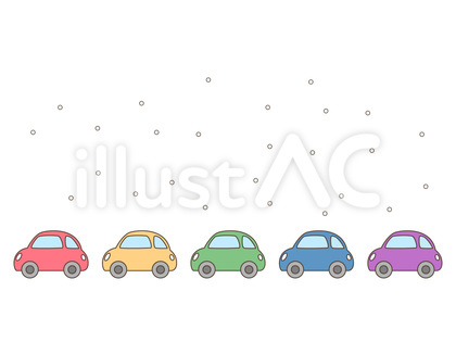 雪道で渋滞しているカラフルな車の列