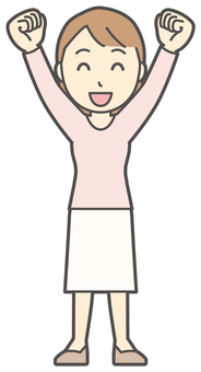  ロングヘア女性-137-全身 ガッツポーズ,女性,女の子,人物,かわいい,応援,喜ぶ,笑顔,表情,感情のイラスト素材