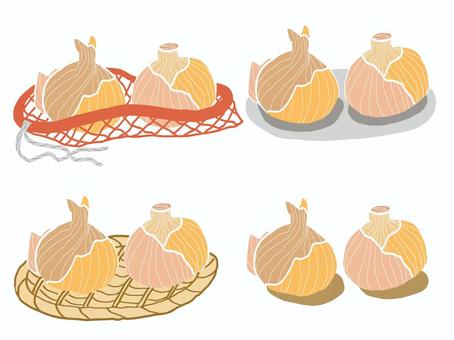 玉ねぎ　3 玉ねぎ,野菜,かわいい,籠,ネット,セット,手描きのイラスト素材