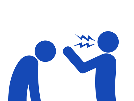 怒る・説教する人と頭を下げ謝る人（青） 人,ピクトグラム,上半身,怒る,説教,教育,クレーム,苦情,文句,指導のイラスト素材