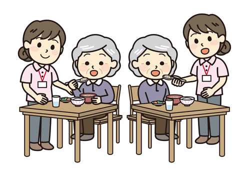 食事サポート 食事,シニア,ご飯,介護士,老人ホーム,訪問介護,女性,介護,食事介助,サポートのイラスト素材