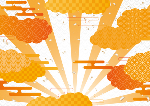 橙色の和風の集中線と雲の背景素材 和風,和柄,集中線,雲,紙吹雪,背景のイラスト素材