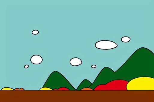 紅葉と山　簡単イラスト 青空,白色,雲,紅葉,山,茶色,地面,風景,簡単,イラストのイラスト素材