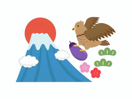 お正月のイラスト5 一富士二鷹三茄子,富士山,鷹,茄子,日の出,梅,松,雲,縁起物,冬のイラスト素材