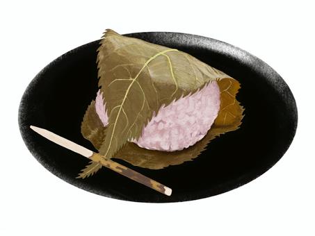 Sakura mochi, Kansai style, one, with plate, sakura rice, cherry blossoms, leaf, JPG and PNG