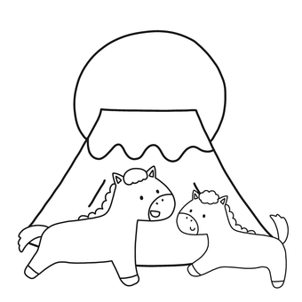 馬の親子と初日の出 馬,午年,干支,動物,親子,富士山,初日の出,年賀状,お正月,2026年のイラスト素材