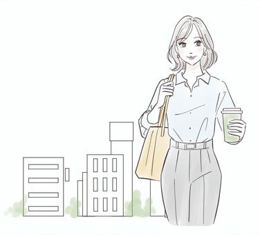 コーヒー片手に通勤する女性 通勤,女性,スーツ,コーヒー,会社員,テイクアウト,歩く,人物,カップ,可愛いのイラスト素材