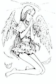 祈る線画天使 天使,エンジェル,祈る,翼,羽,長髪,美脚,線画,モノクロ,手描きのイラスト素材