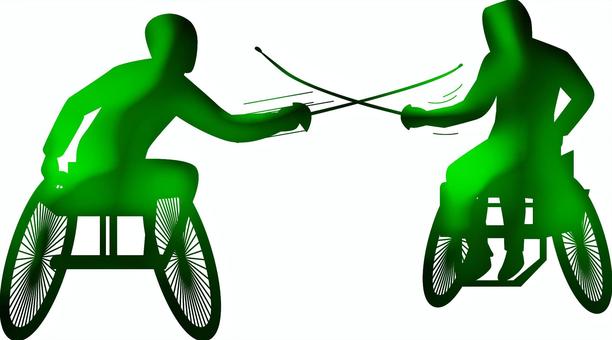 車いすフェンシング　 フェンシング,剣,車いす,障害者,競技,選手,人物,シルエット,緑のイラスト素材