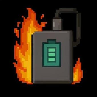 燃えるモバイルバッテリー　ドット絵 ドット,モバイルバッテリー,発火,ドット絵,ピクセルアート,ガジェット事故,充電トラブル,注意喚起,熱暴走のイラスト素材