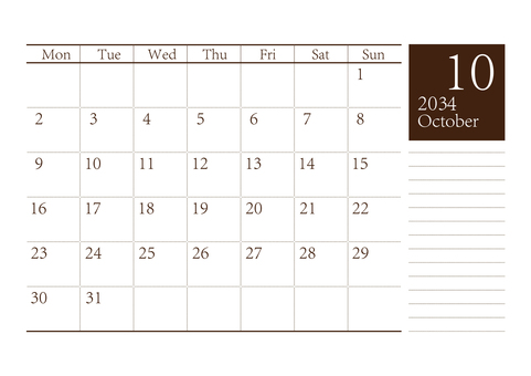月曜始まりカレンダー2034年10月A4 月曜始まり,10月,１０月,カレンダー,2034年カレンダー,2034,令和16年,2034カレンダー,シンプル,テンプレートのイラスト素材
