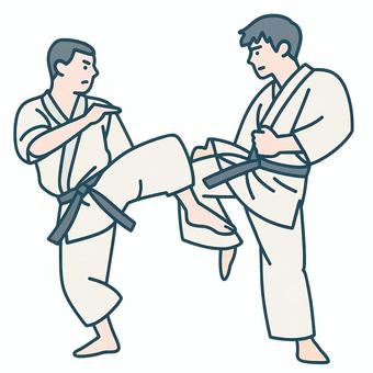 空手の組手での攻防 空手,組手,攻防,武道,黒帯,蹴り技,受け技,スポーツ,格闘技,道着のイラスト素材