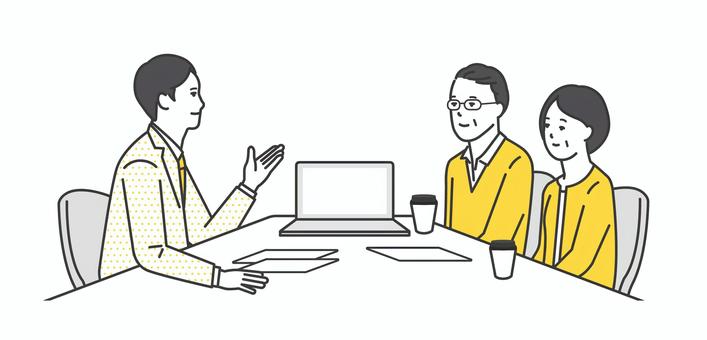 窓口でお客様の接客をするビジネスパーソン 説明,相談,提案,商談,接客,打ち合わせ,窓口,カウンター,案内,営業のイラスト素材