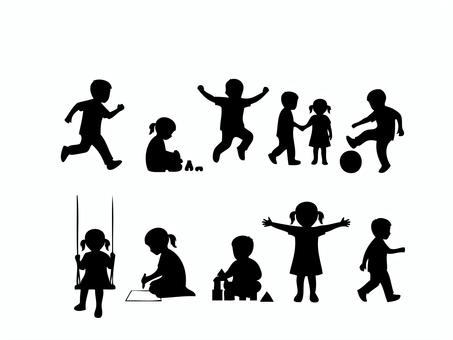3歳児の遊び・日常の動作シルエットセット 3歳,子供,幼児,園児,男の子,女の子,男女,遊び,日常,動作のイラスト素材