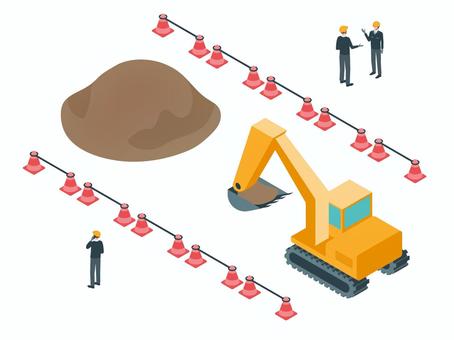 アイソメトリック_シャベルカーと作業員 アイソメトリック_シャベルカーと作業員 アイソメトリック,立体,アイソメ,斜め上,シャベルカー,作業員,人物,カラーコーン,現場,工事のイラスト素材