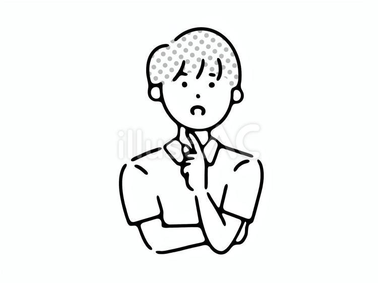 指を当てて考え込む青年（白黒） おしゃれ,シンプル,かわいいのイラスト素材