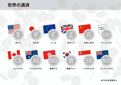 世界の通貨（シルバー） 通貨,世界,お金,米ドル,ドル,日本円,円,ユーロ,英ポンド,ポンドのイラスト素材