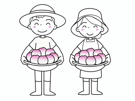 桃を抱えた若い農家の夫婦・白黒線画 桃,果物,農家,若者,夫婦,男女,収穫,線画,白黒,モノクロのイラスト素材