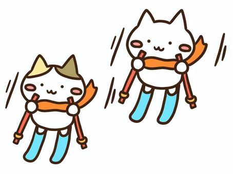 友達とスキーを冬に楽しむかわいいねこ達 スキー場,スキー,雪,ウインタースポーツ,ねこ,友達,仲良し,冬,遊び,レジャーのイラスト素材