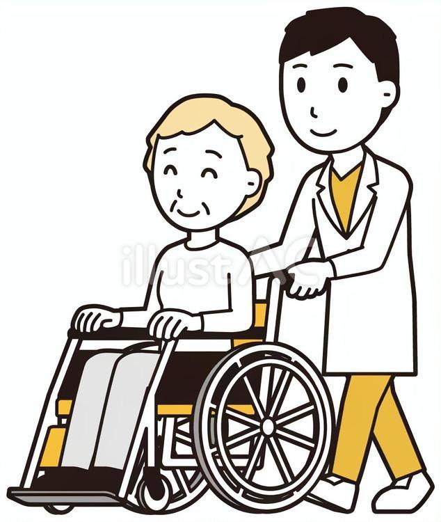 男性医師白衣(黄)-268-全身 車いす,医者,医師のイラスト素材