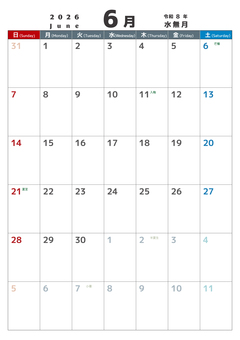 定番_2026_06_縦_日始 カレンダー,2026,6月,水無月,june,令和8年,日曜始め,二十四節気,定番,記念日なしのイラスト素材