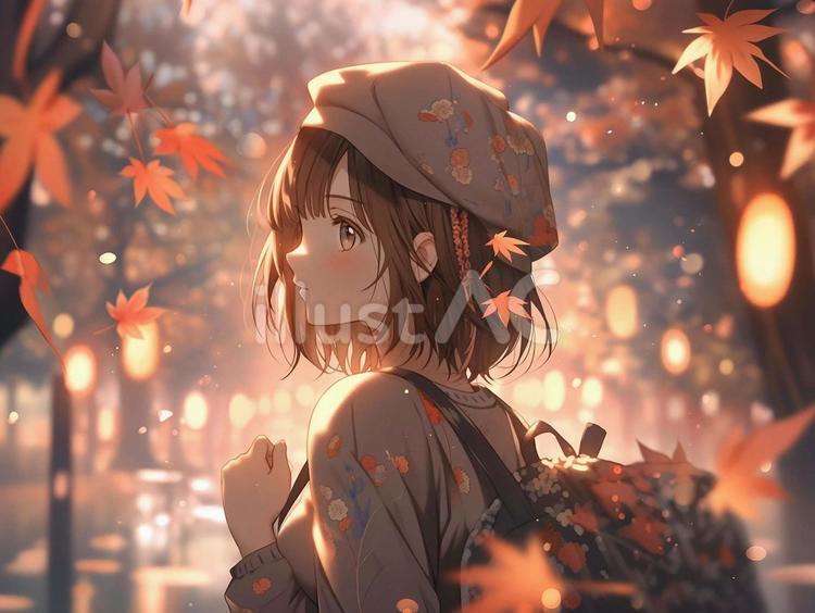 秋の景色と女性のイラスト 人物,女性,少女のイラスト素材