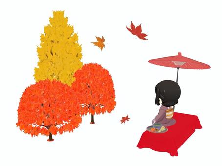 秋の観光の茶店で紅葉見物をする和服の女性 紅葉,秋,茶店,抹茶,観光,和服,女性のイラスト素材