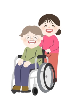 車椅子を押すヘルパーと高齢者のイラスト 高齢者,肢体不自由,病気,怪我,福祉用具,車椅子,障がい,障がい者,福祉,幸せのイラスト素材