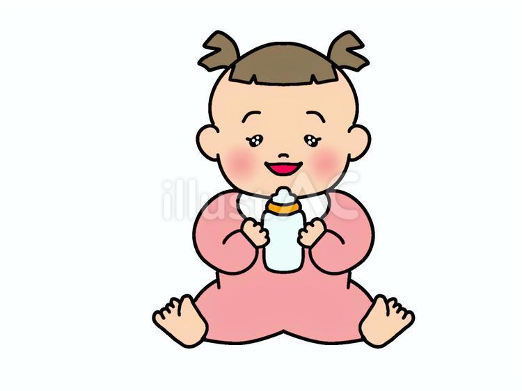 笑顔で哺乳瓶を持つ赤ちゃん 赤ちゃん,ベビー服,スタイのイラスト素材