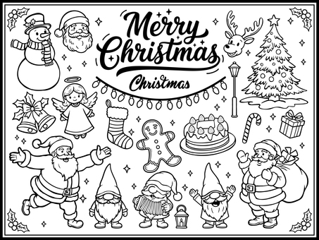 クリスマス素材-4（白黒） クリスマス,素材,雪だるま,スノーマン,サンタ,サンタクロース,トナカイ,セイヨウヒイラギ,クリスマスツリー,オーナメントのイラスト素材