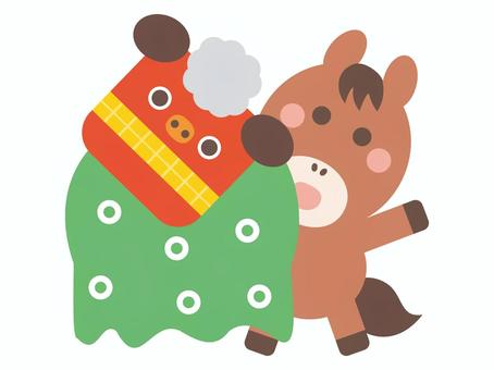 獅子舞と馬 獅子舞と馬 馬,午年,獅子舞,正月,新年,年始,キャラクター,マスコット,かわいい,縁起のイラスト素材