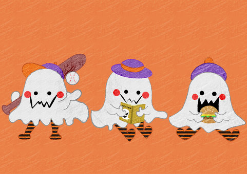 秋を楽しむおばけ おばけ,秋,楽しい,可愛い,スポーツ,読書,食欲,ポップ,親しみのイラスト素材