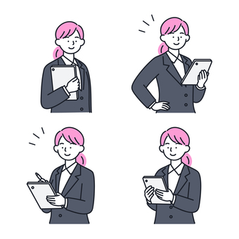 タブレットで作業する女性のイラストセット 人物,ビジネス,女性,スーツ,タブレット,ガジェット,デジタル,メモ,資料,仕事のイラスト素材