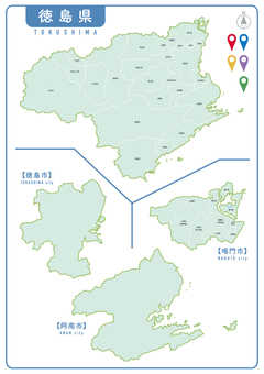 徳島県　市町村マップ  地図,日本,市町村,マップ,エリア,区分,徳島県,徳島市,鳴門市,小松島市のイラスト素材